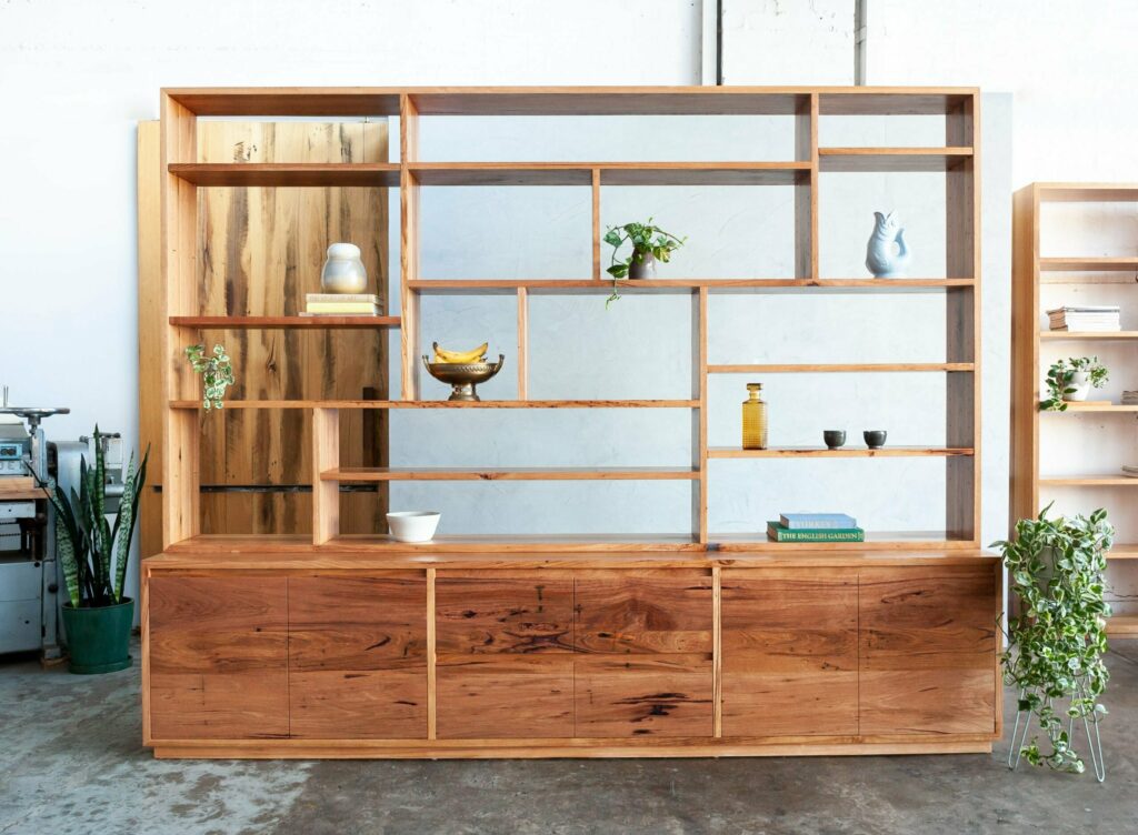 wall shelving unit with plants