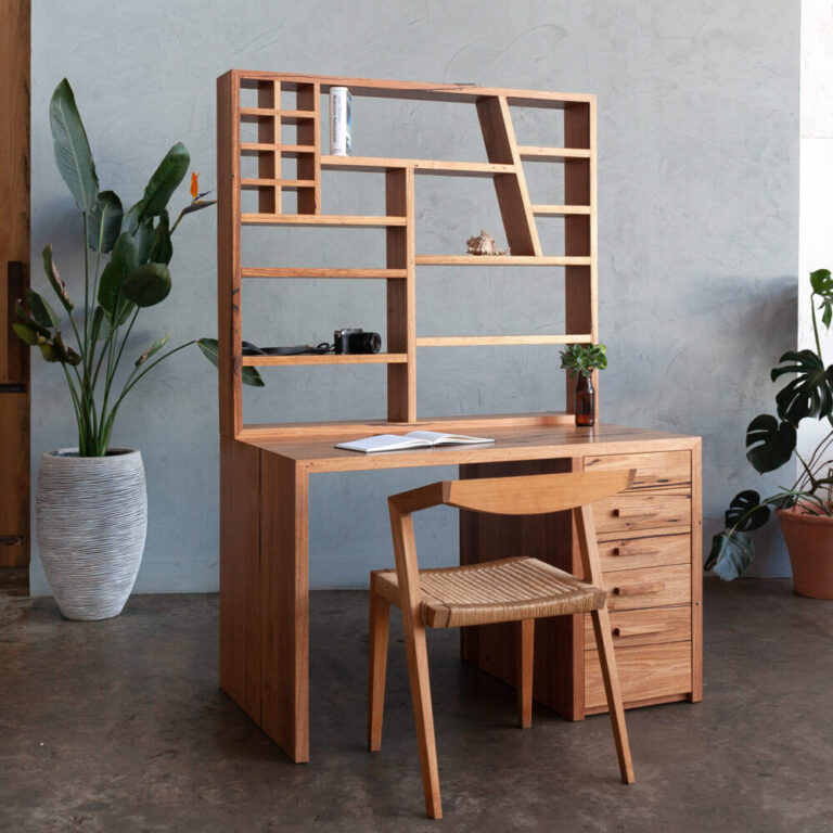 timber desk with shelving and chair