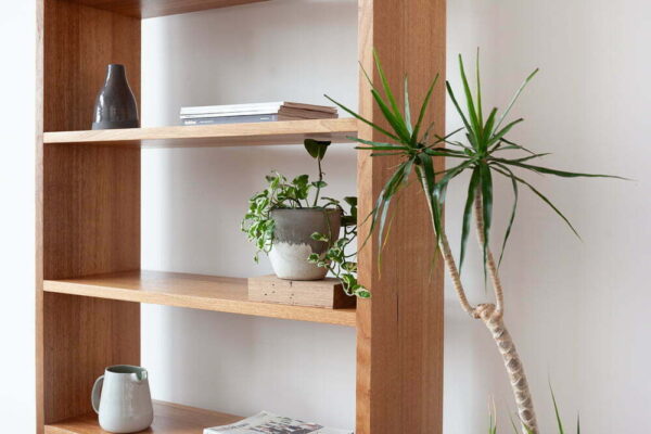 timber bookshelf with plant