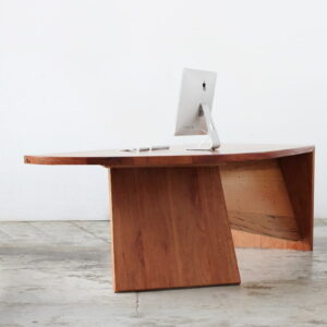 timber reception desk with computer