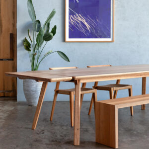 timber extendable dining table with dining bench seat