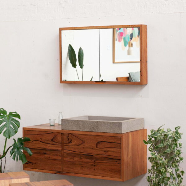 timber bathroom vanity and shaving mirror