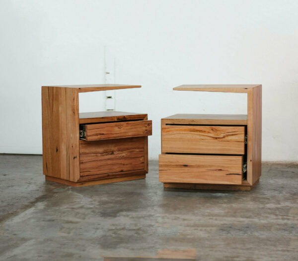 Messmate timber bedside tables with cantilever shelf