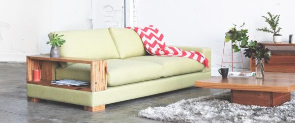 upholstered sofa with timber arm