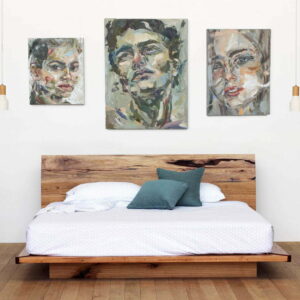 Timber platform bed with paintings