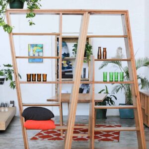 timber shelving unit and room divider