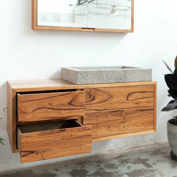 timber vanity unit with timber shaving mirror