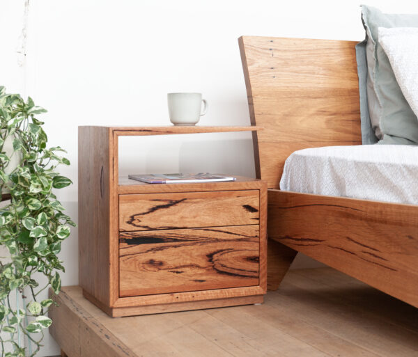Timber De Vine bedside table and Queen bed