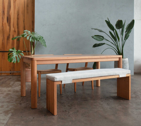 Recycled timber dining table with bench seating