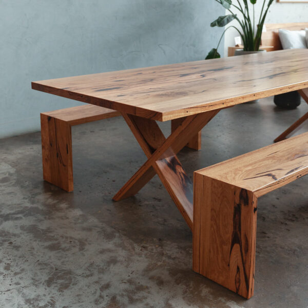 Cross leg dining table with dining benches
