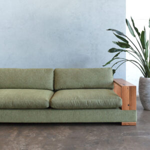 Neptune 3 seater sofa with timber arm and green upholstery