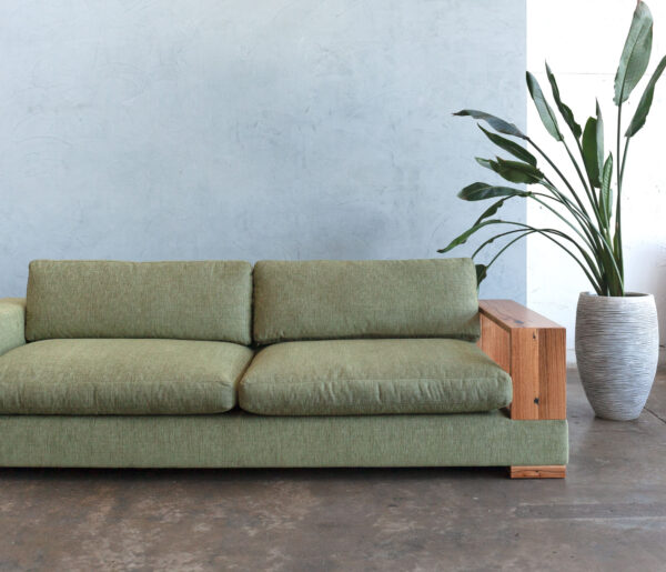 Neptune 3 seater sofa with timber arm and green upholstery