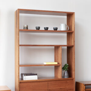 timber bookshelf with cupboard storage