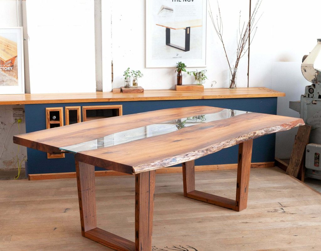 timber table with glass inlay